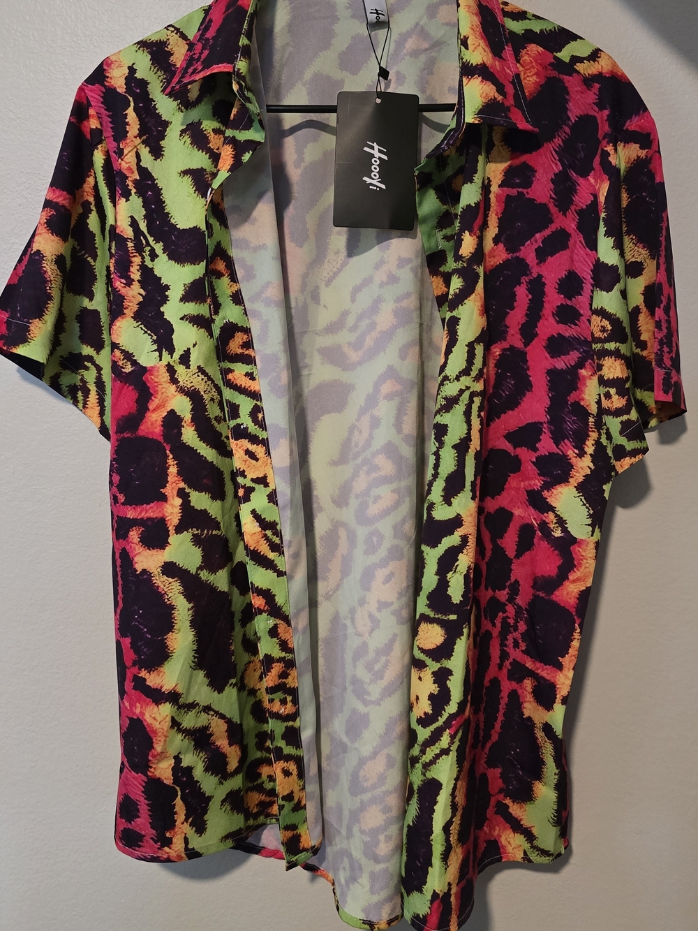 Hoooyi! Neon Animal Print Button Up Short Sleeve Mens Small Rave Wear Festival